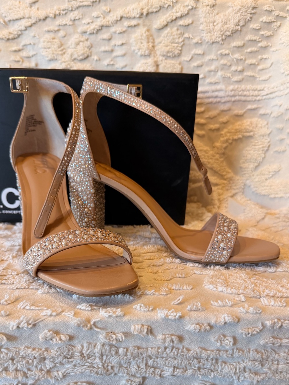 INC International Concepts Nude Beaded Ankle-Strap Heels 680